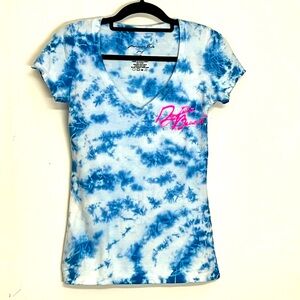 🌞 Miami Style blue & white tie dye v-neck tee neon pink Daytona Beach women Jr M